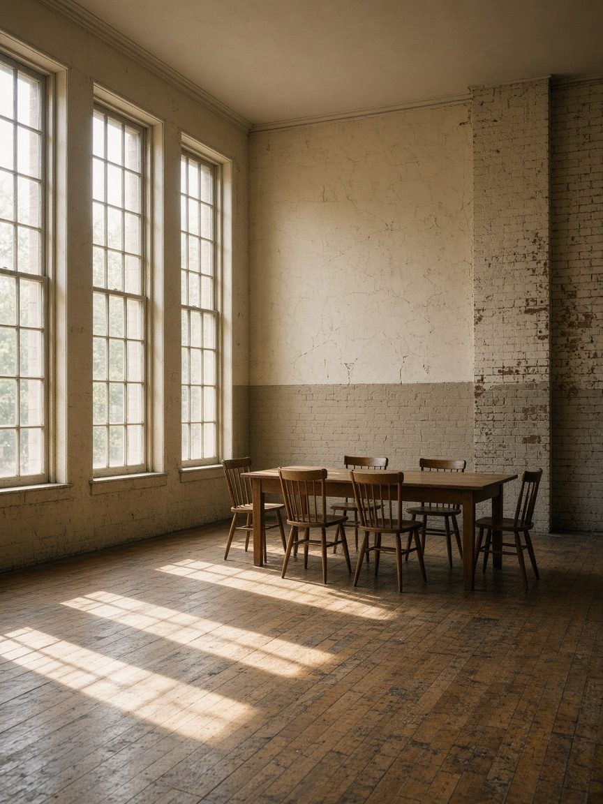 Hall with a wood table, spindle chairs, and tall windows